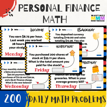 Preview of Mathematics of Personal Finance Bell Ringer Math Problems (Editable)