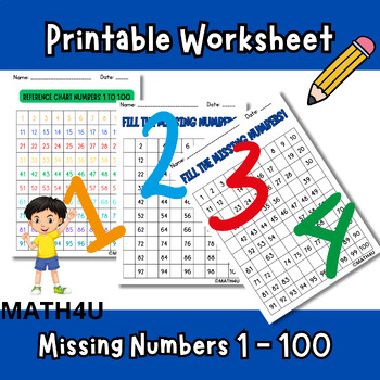Preview of Maths Missing Numbers Worksheets 1-100 Printable Preschool; Skip Counting.