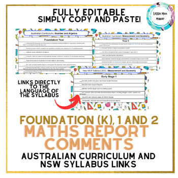 Preview of Maths Report Writing Comment Bank K (F), 1 and 2 Australian Curriculum, NSW