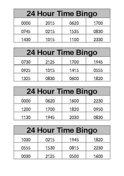 Preview of Maths Stage 3 24 hour time Bingo cards. FULL CLASS SET