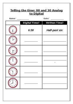 Preview of Maths: Telling the time: 00 and 30 Analog to Digital