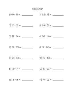 Preview of Maths Worksheet Subtraction 10-99 V3