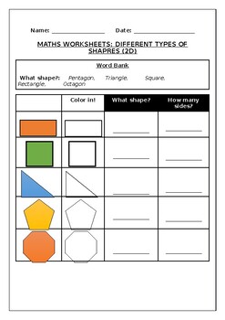 Preview of Maths worksheet: Different types of shapes (2D)