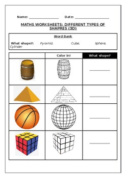 Preview of Maths worksheet: Different types of shapes (3D)