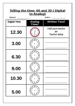 Preview of Maths worksheet: Telling the time: 00 and 30 (Digital to Analog)