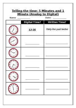 Preview of Maths worksheet: Telling the time: 5 minutes and 1 minute (Analog to Digital)