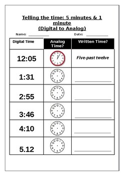 Preview of Maths worksheet: Telling the time: 5 minutes and 1 minute (Digital to Analog)