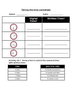 Preview of Maths worksheet: Telling the time