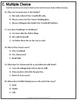 Matilda Test Final Book Quiz With Answer Key By Happy Teacher Happy Students