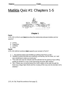 Preview of Matilda Test or Quizzes Chapters 1-21 by Roald Dahl