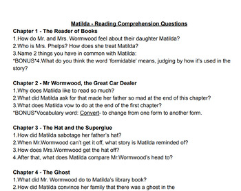 Preview of Matilda by Roald Dahl - Reading Comprehension Questions