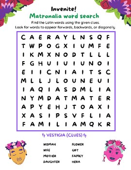 Preview of Matronalia (Rome's holiday for women) Latin Vocabulary Word Search Activity