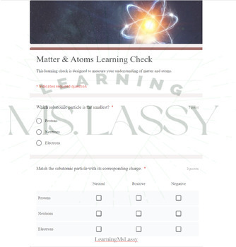 Preview of Matter & Atoms Learning Check (Quiz)