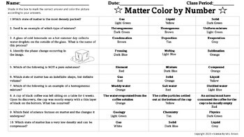 Matter Color by Number by Science by Mrs Brown | TPT