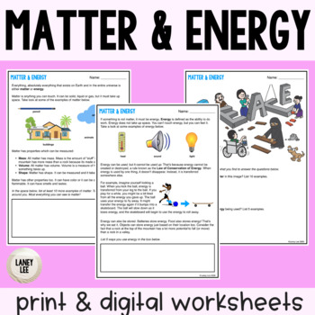 Preview of Matter & Energy - Reading Comprehension Worksheets
