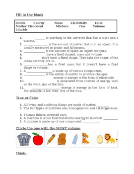 Preview of Matter, Energy, and Machines Worksheet