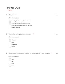 Matter Quiz - PDF Printable by Hemlock Science Shop | TPT