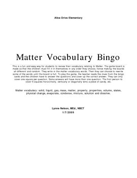 Preview of Matter Vocabulary Bingo