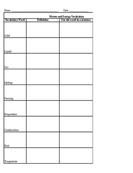 Preview of Matter and Energy Vocabulary Worksheet and Study Guide