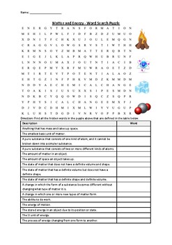 Preview of Matter and Energy - Word Search Puzzle Worksheet Activity (Printables)