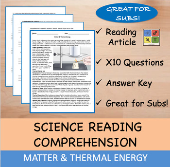 Preview of Matter and Thermal Energy - Reading Passage and x 10 Questions (EDITABLE)