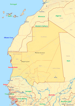 Preview of Mauritania map with cities township counties rivers roads labeled