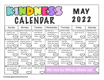 Preview of May 2022 Kindness Calendar (Editable)