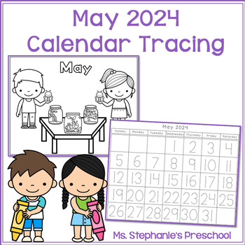 Preview of May 2024 Monthly Tracing Calendar and Coloring Pages