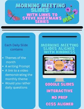 Preview of May 2024 SEL Morning Meeting Slides featuring Steve Hartman Kindness 101 Videos