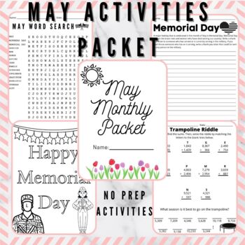 Preview of May Activities Packet - Writing, Math, Word Search, Coloring Page, and More!