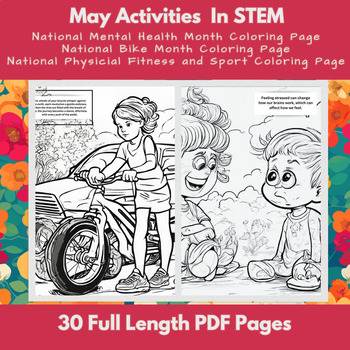 Preview of May Elementary in STEM: Mental Health & Physical Health BUNDLE Coloring Pages