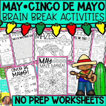 Preview of May Brain Break Activities Cinco de Mayo Activities NO PREP Coloring Worksheets