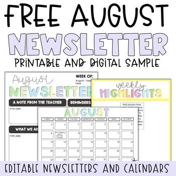 Preview of Free August Calendar | Editable Weekly and Monthly Newsletter & Calendar Sample