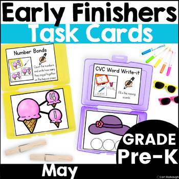 Preview of May Early Finisher Activity Phonics and Math Task Card Boxes for Pre-K