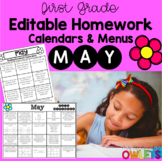 May Editable Homework Calendars 1st Grade