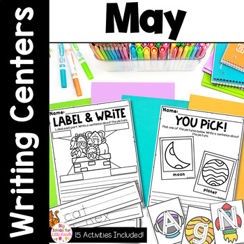 Preview of May End of Year Writing Prompts & Center | Kindergarten and First Grade