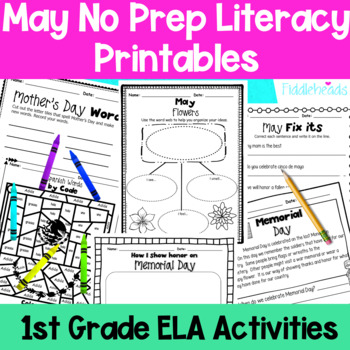 Preview of May First Grade No Prep Literacy Worksheet Packet + TpT EASEL Activity