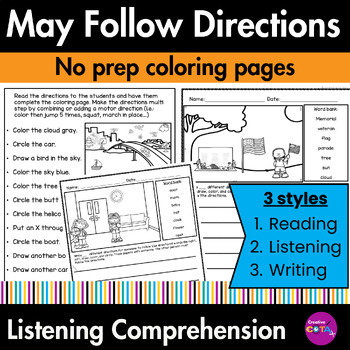 Preview of Following Directions & Listening Comprehension Skills May Coloring Pages
