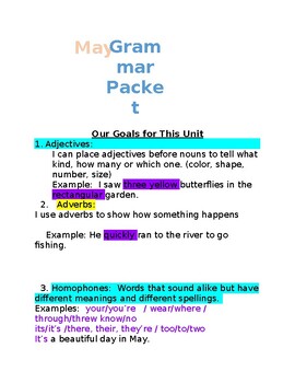 Preview of May Grammar Packet  to Use in the Classroom