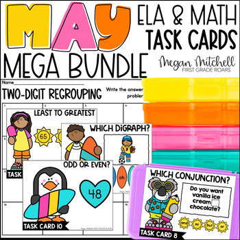 Preview of May Math & ELA Task Card Activities Centers, Scoot, & Morning Tubs