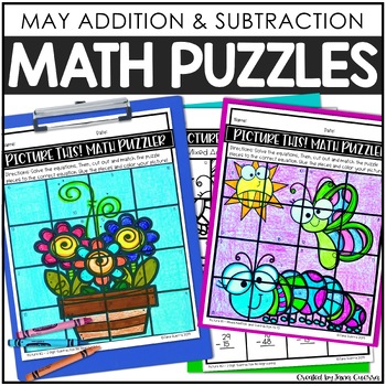Preview of May Math Puzzles | Summer School Camp Addition Subtraction Craft Activities