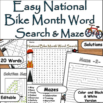 Preview of May National Bike Month: Easy Word Search & Maze with 20 Words Find Puzzles