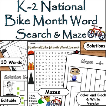 Preview of May National Bike Month: K-2 Word Search & Maze with 10 Words Find Puzzles /Easy