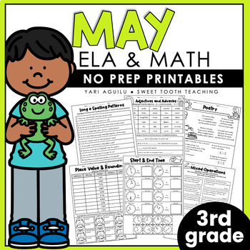 Preview of May No Prep Printables | 3rd Grade Spring Worksheets | Grammar, Reading & Math
