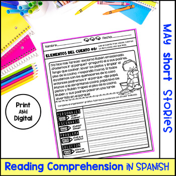 Preview of May Reading Comprehension Passages In Spanish Print and Digital