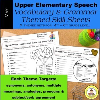 Preview of May Speech Therapy Upper Elementary Vocabulary & Grammar Themed Worksheets