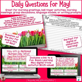 Preview of Morning Meeting Discussions and Daily Writing Prompts and Questions - May