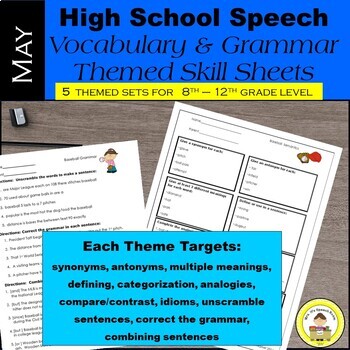 Preview of High School Speech Therapy  Vocabulary and Grammar Skill Sheets ~ May Set