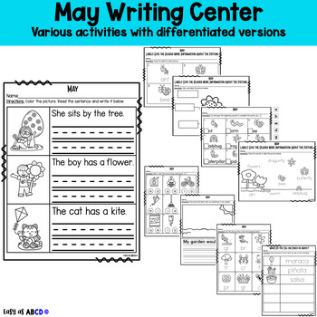 Preview of May Writing Center: Prompts, Labeling, Writing Charts, Sentences, & More