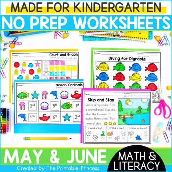 Preview of May and June Literacy and Math Worksheets for Kindergarten
